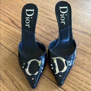 Dior Black Leather Pointed Mules with Gold 'D' Emblem